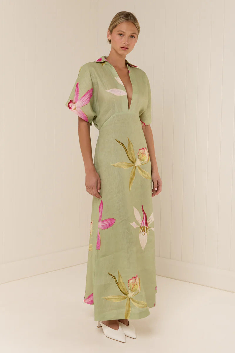 Nell Floral Linen Maxi Dress with Kimono Sleeves