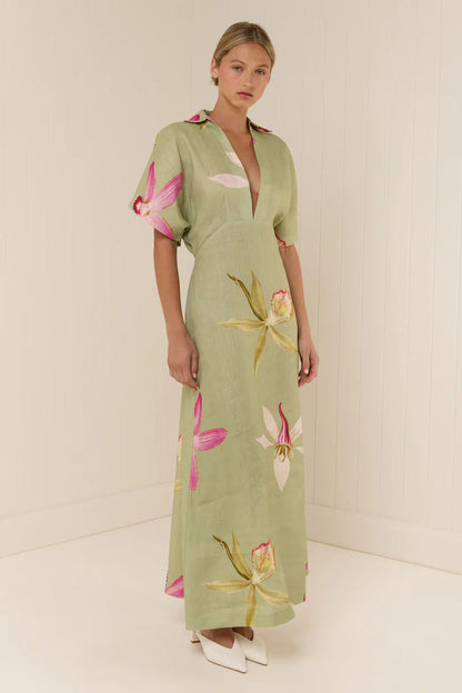 Nell Floral Linen Maxi Dress with Kimono Sleeves
