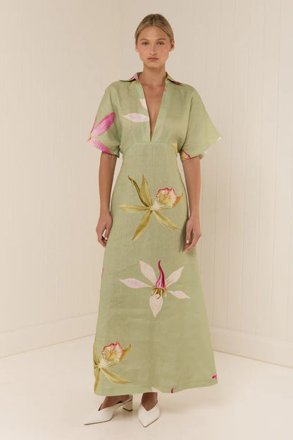 Nell Floral Linen Maxi Dress with Kimono Sleeves