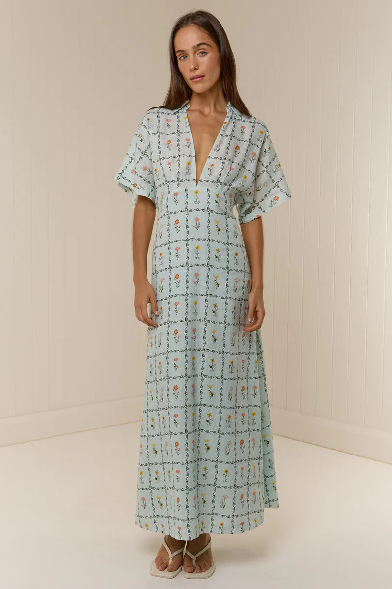 Nell Floral Linen Maxi Dress with Kimono Sleeves
