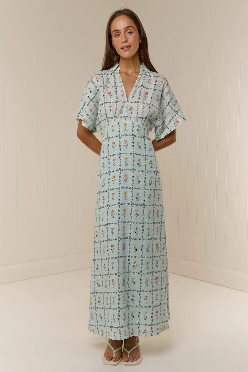 Nell Floral Linen Maxi Dress with Kimono Sleeves