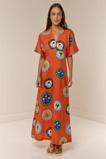 Nell Floral Linen Maxi Dress with Kimono Sleeves