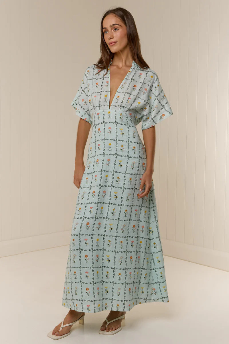 Nell Floral Linen Maxi Dress with Kimono Sleeves – Blue