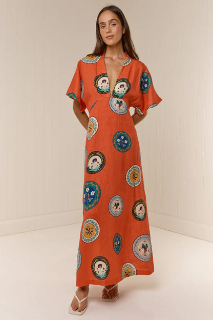 Nell Floral Linen Maxi Dress with Kimono Sleeves – Orange