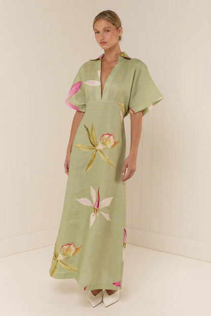 Nell Floral Linen Maxi Dress with Kimono Sleeves – Sage