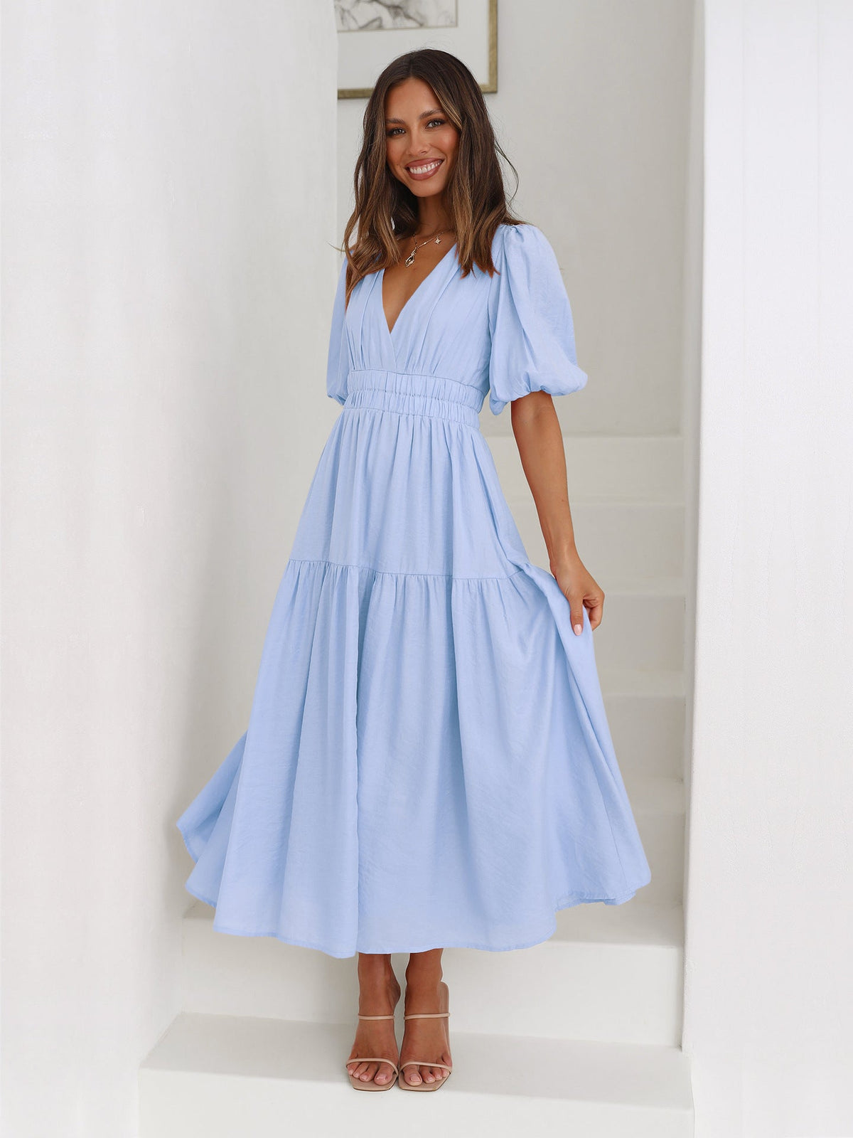 Nora Tiered Summer Maxi Dress with Puff Sleeves – Blue