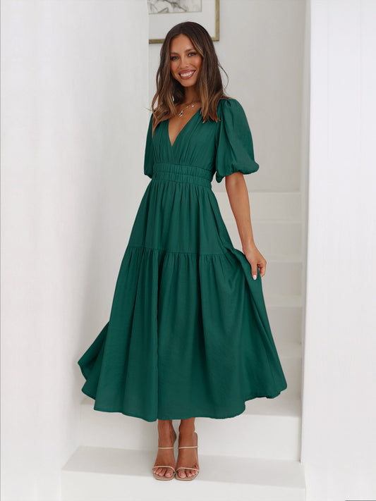 Nora Tiered Summer Maxi Dress with Puff Sleeves – Green