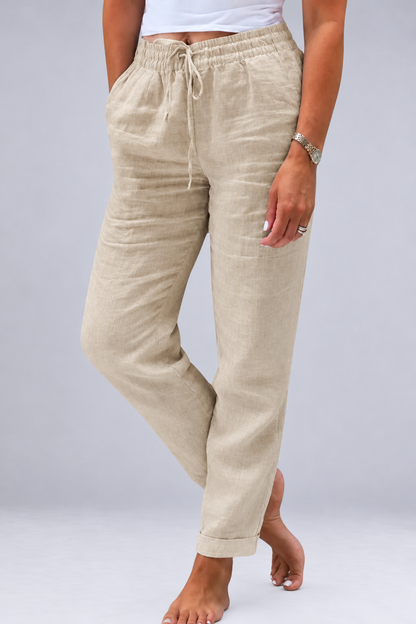 Paige Tapered Linen Blend Pants with Drawstring Waist – Beige
