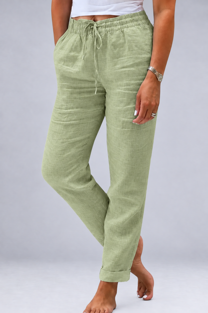 Paige Tapered Linen Blend Pants with Drawstring Waist – Light Green