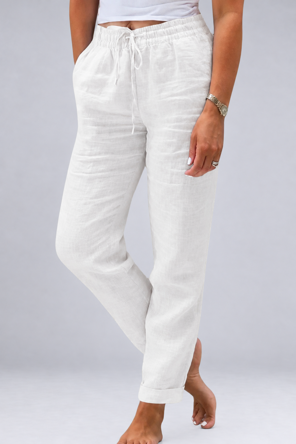 Paige Tapered Linen Blend Pants with Drawstring Waist – White