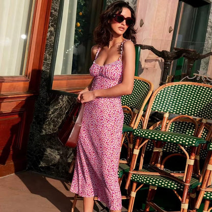 Pippa Pink Floral Summer Midi Dress with Ruffle Straps
