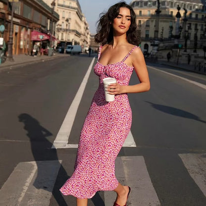 Pippa Pink Floral Summer Midi Dress with Ruffle Straps