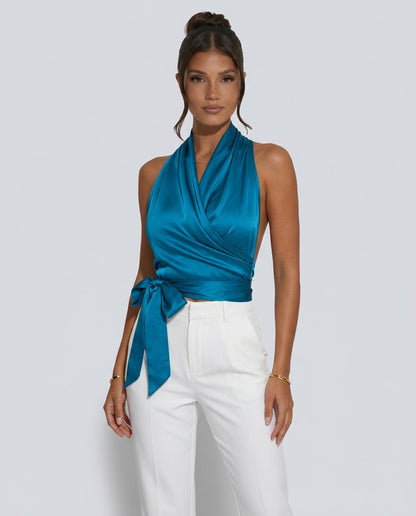 Rachel Chic Draped Wrap Halter Top with Side Tie – Blue