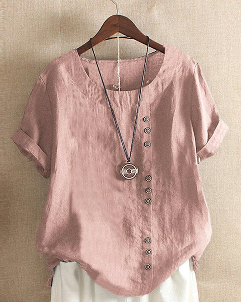 Renee Relaxed Linen-Look Tunic Top with Diagonal Buttons – Dusty Pink