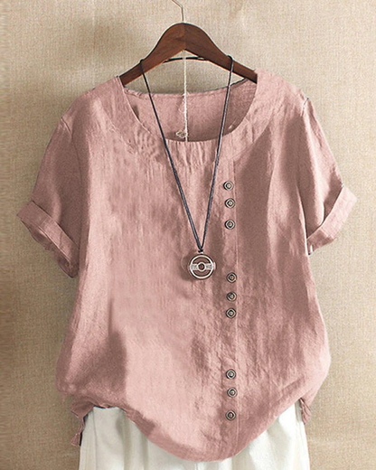 Renee Relaxed Linen-Look Tunic Top with Diagonal Buttons – Dusty Pink