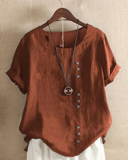 Renee Relaxed Linen-Look Tunic Top with Diagonal Buttons – Rust