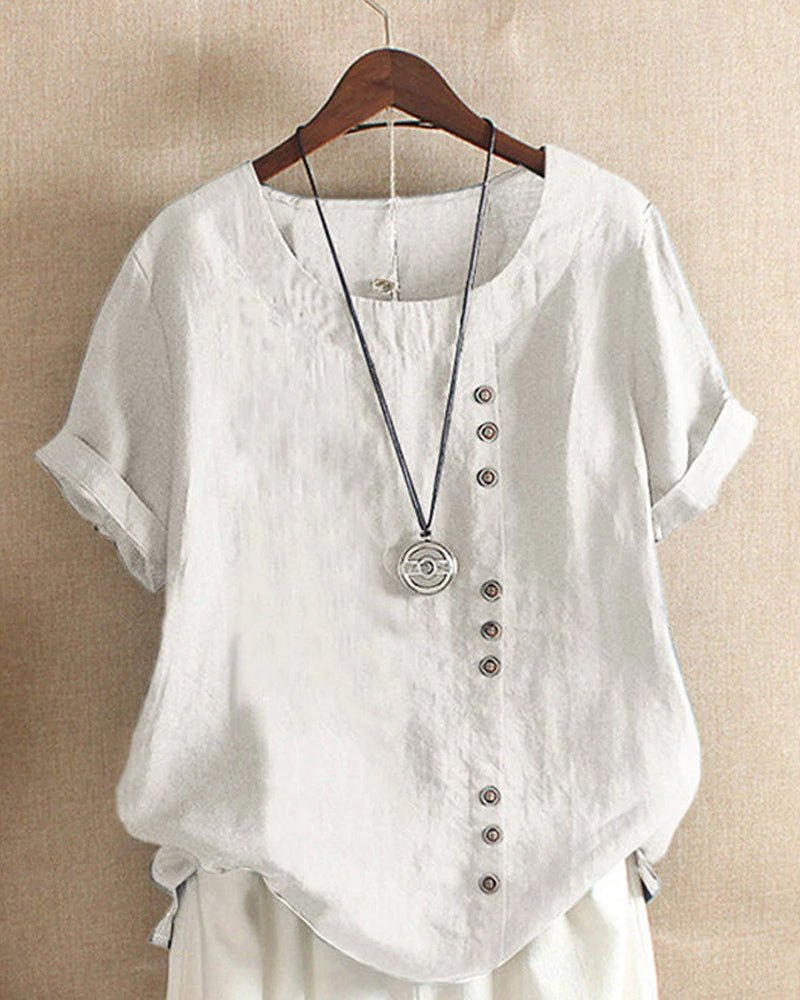 Renee Relaxed Linen-Look Tunic Top with Diagonal Buttons – White