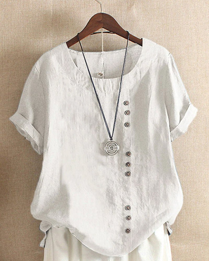 Renee Relaxed Linen-Look Tunic Top with Diagonal Buttons – White