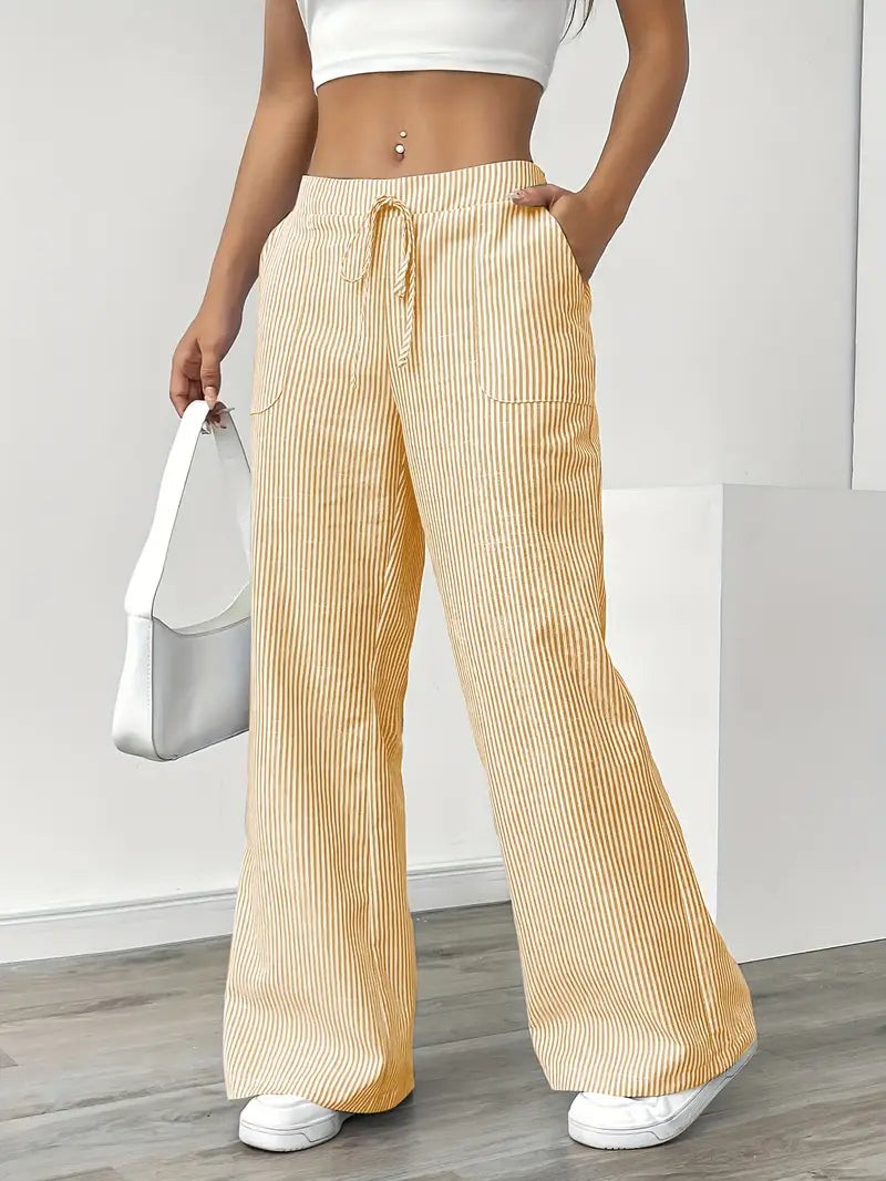 Rhea Striped Linen-Look Wide Leg Pants with Drawstring