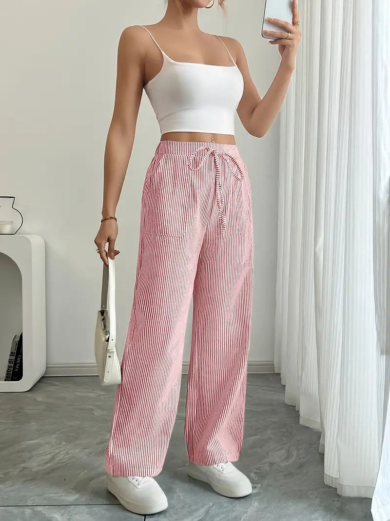 Rhea Striped Linen-Look Wide Leg Pants with Drawstring