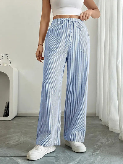 Rhea Striped Linen-Look Wide Leg Pants with Drawstring