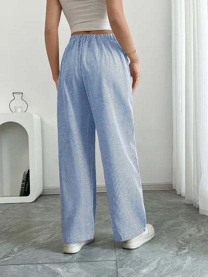 Rhea Striped Linen-Look Wide Leg Pants with Drawstring
