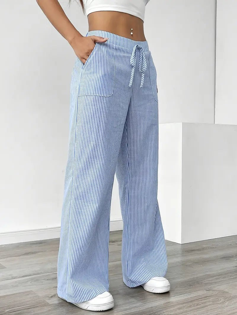 Rhea Striped Linen-Look Wide Leg Pants with Drawstring