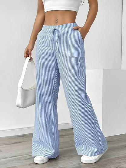 Rhea Striped Linen-Look Wide Leg Pants with Drawstring