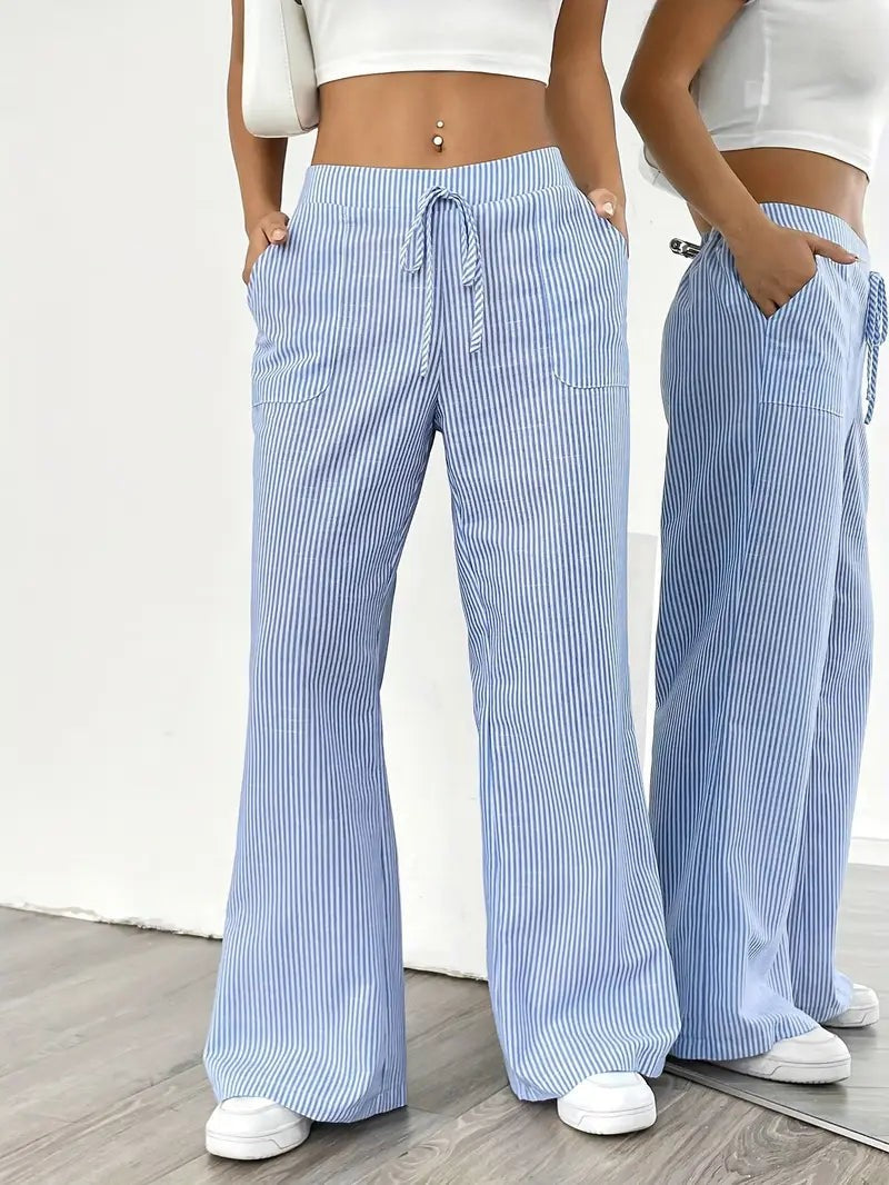 Rhea Striped Linen-Look Wide Leg Pants with Drawstring