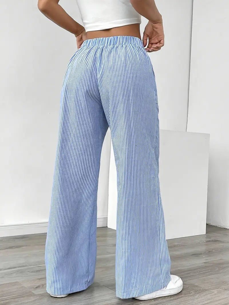 Rhea Striped Linen-Look Wide Leg Pants with Drawstring