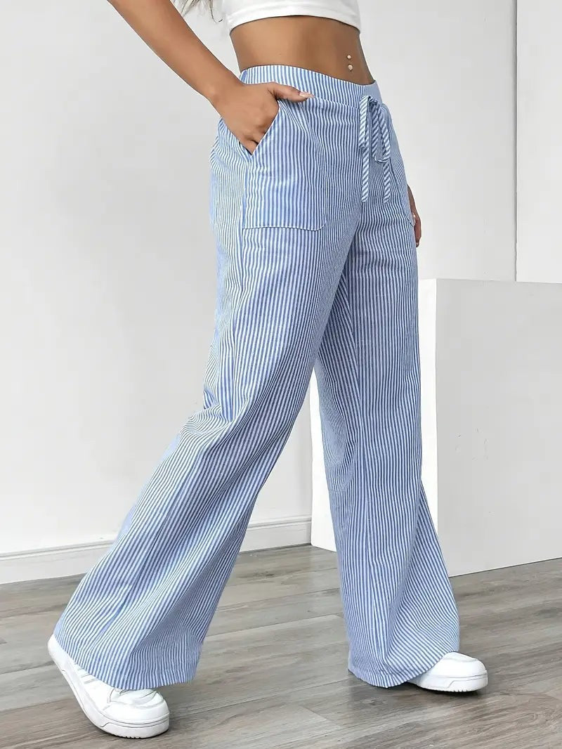 Rhea Striped Linen-Look Wide Leg Pants with Drawstring