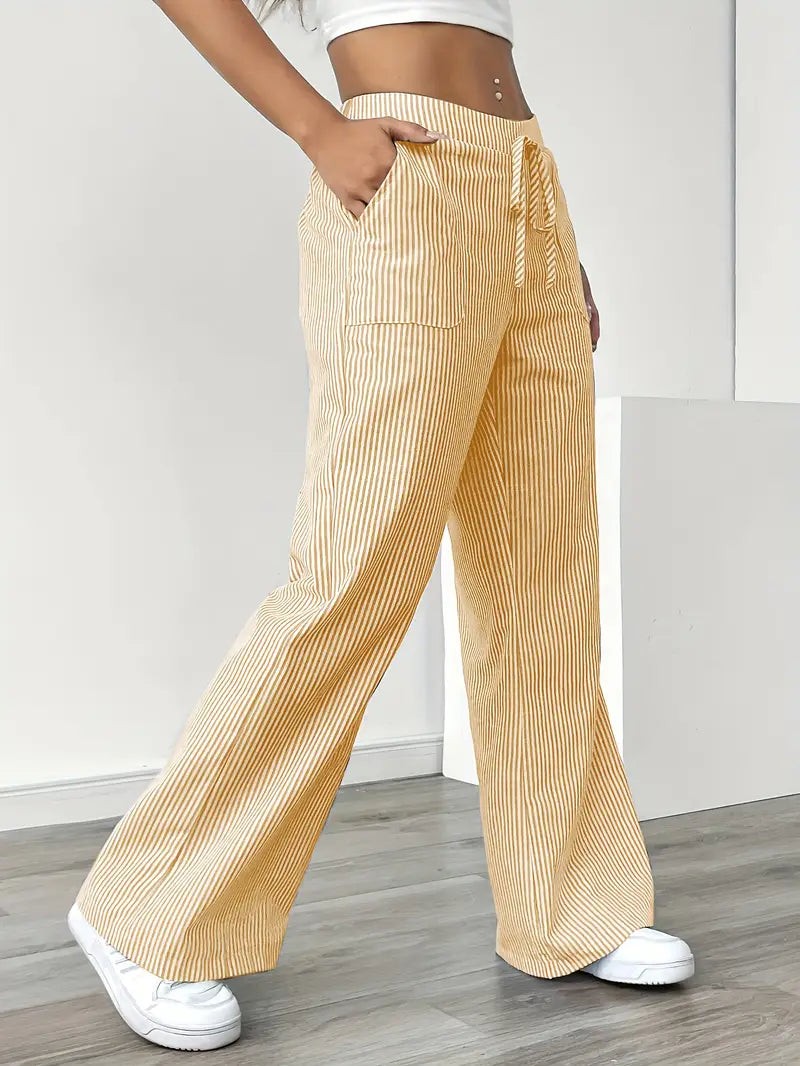 Rhea Striped Linen-Look Wide Leg Pants with Drawstring