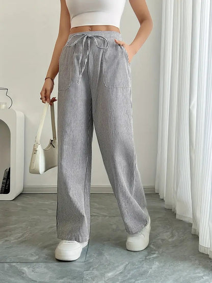Rhea Striped Linen-Look Wide Leg Pants with Drawstring