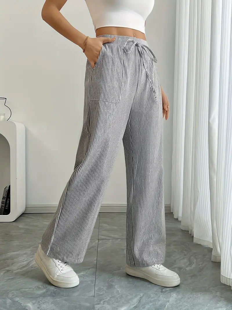 Rhea Striped Linen-Look Wide Leg Pants with Drawstring