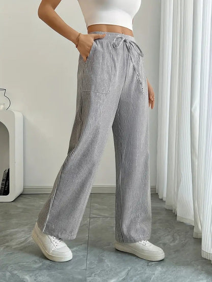Rhea Striped Linen-Look Wide Leg Pants with Drawstring