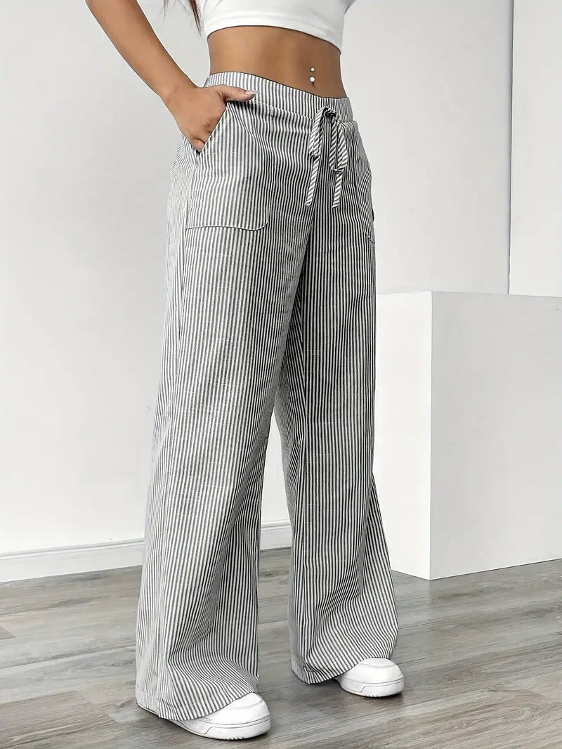 Rhea Striped Linen-Look Wide Leg Pants with Drawstring