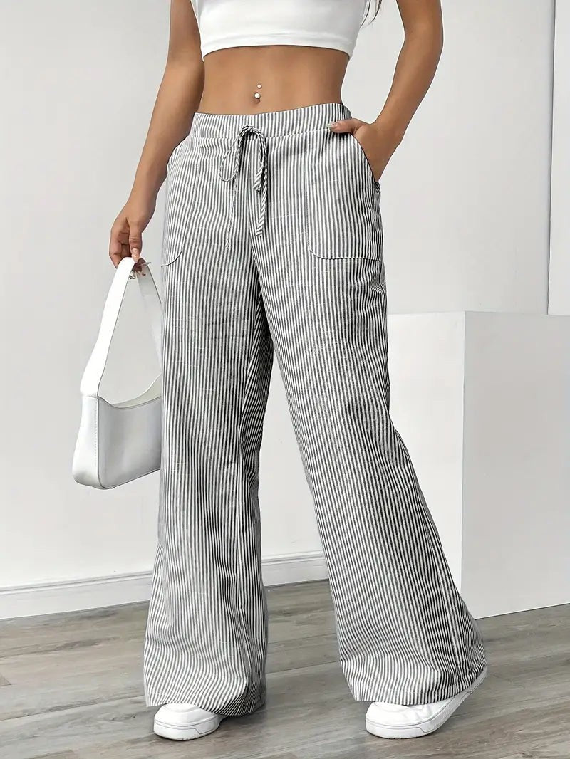 Rhea Striped Linen-Look Wide Leg Pants with Drawstring