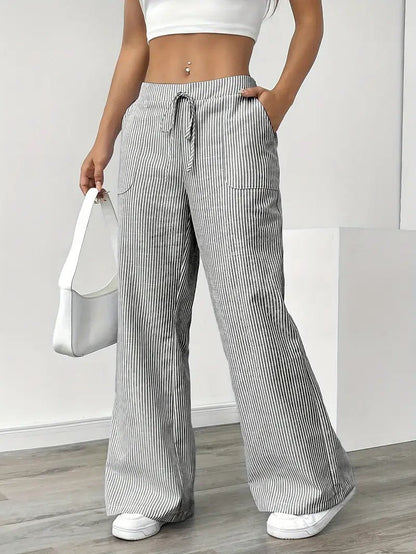 Rhea Striped Linen-Look Wide Leg Pants with Drawstring