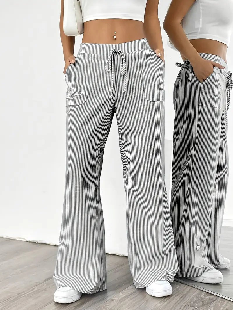 Rhea Striped Linen-Look Wide Leg Pants with Drawstring