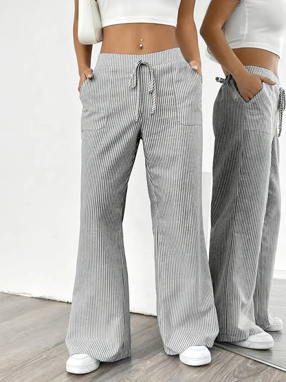 Rhea Striped Linen-Look Wide Leg Pants with Drawstring
