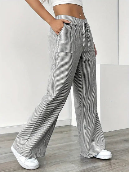Rhea Striped Linen-Look Wide Leg Pants with Drawstring