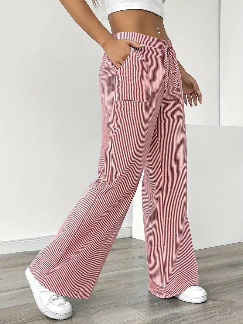 Rhea Striped Linen-Look Wide Leg Pants with Drawstring