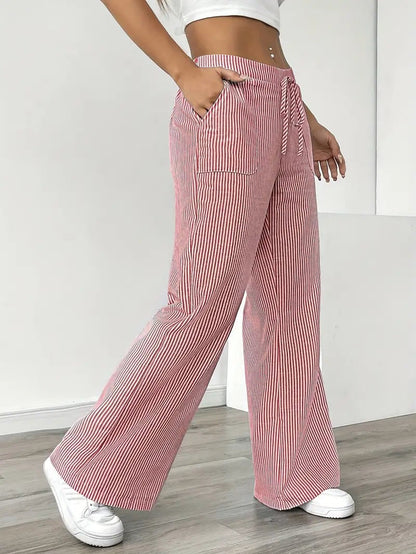 Rhea Striped Linen-Look Wide Leg Pants with Drawstring