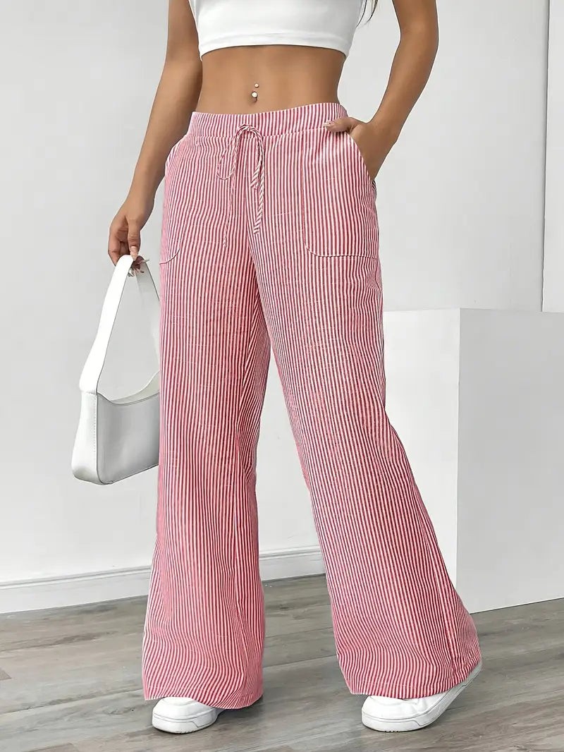 Rhea Striped Linen-Look Wide Leg Pants with Drawstring