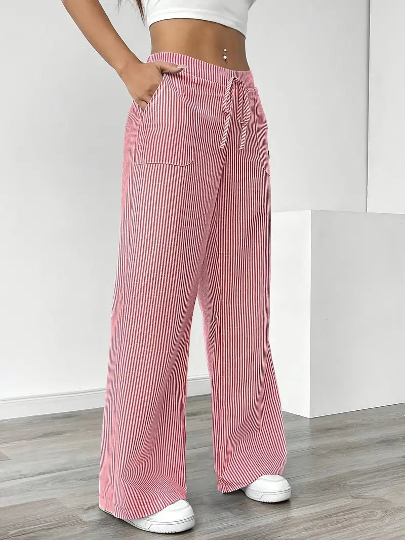 Rhea Striped Linen-Look Wide Leg Pants with Drawstring