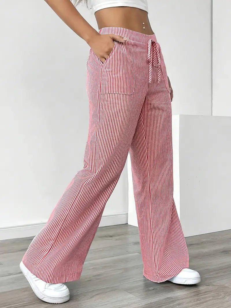 Rhea Striped Linen-Look Wide Leg Pants with Drawstring