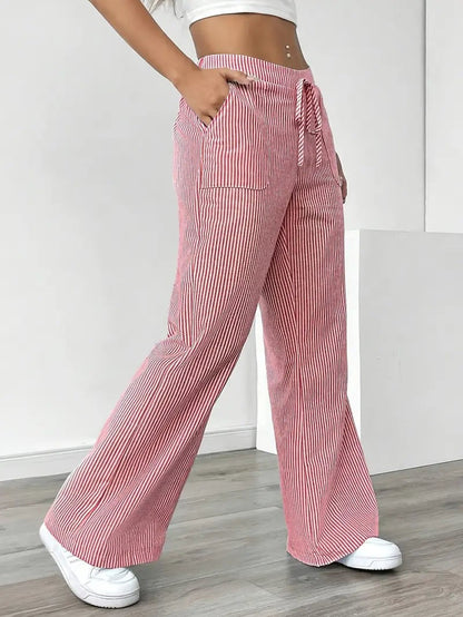 Rhea Striped Linen-Look Wide Leg Pants with Drawstring