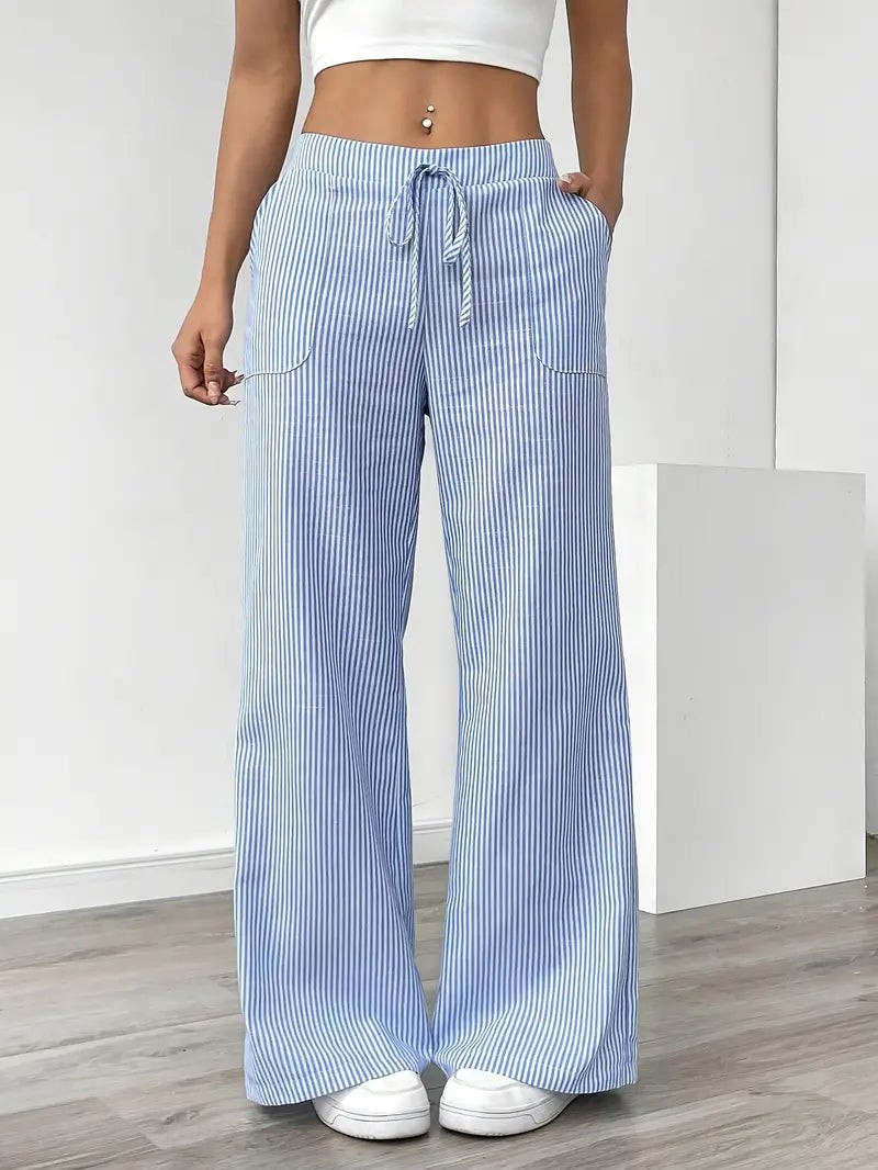 Rhea Striped Linen-Look Wide Leg Pants with Drawstring – Blue