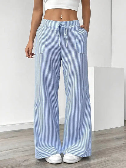 Rhea Striped Linen-Look Wide Leg Pants with Drawstring – Blue