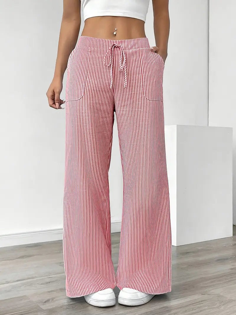Rhea Striped Linen-Look Wide Leg Pants with Drawstring – Pink